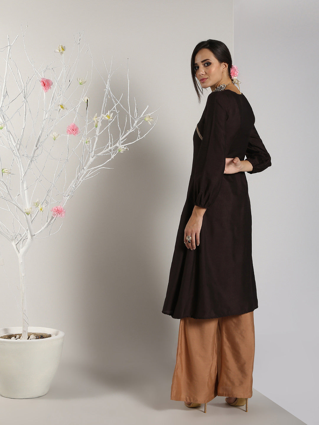 Abhishti Cotton Silk A-line Kurta with Bishop Sleeves
