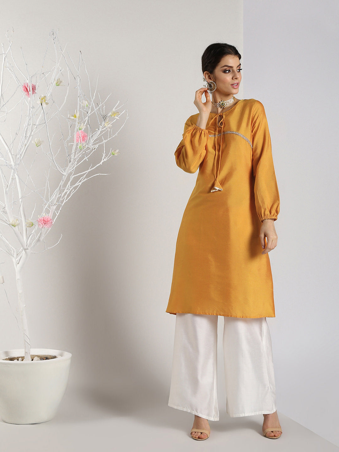 Abhishti Cotton Silk A-line Kurta with Bishop Sleeves