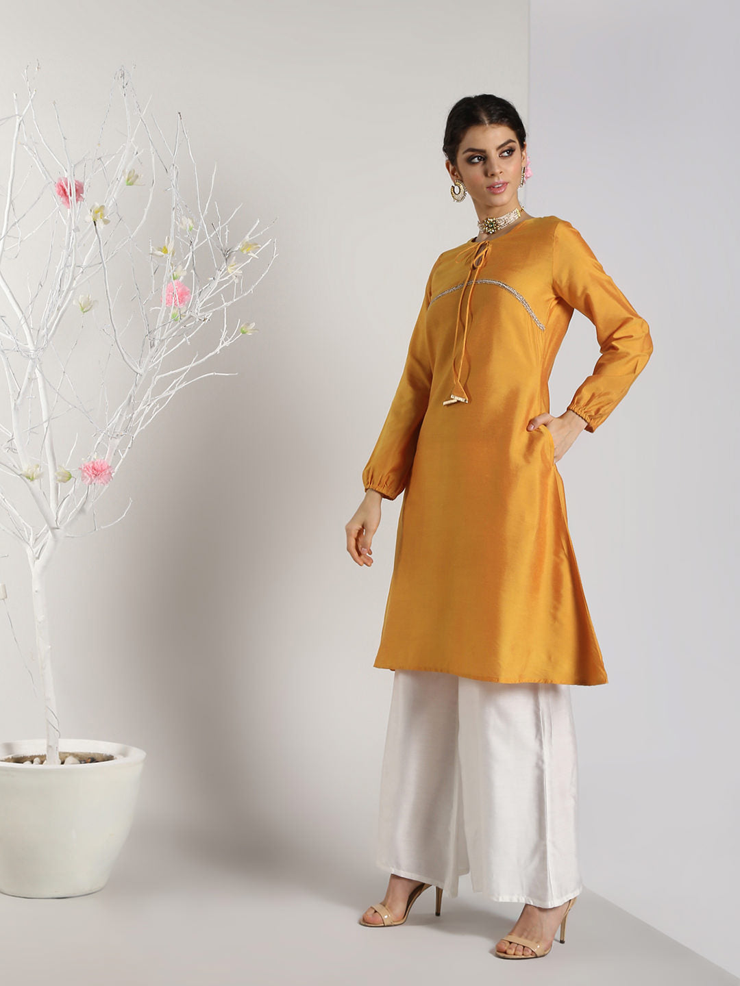 Abhishti Cotton Silk A-line Kurta with Bishop Sleeves
