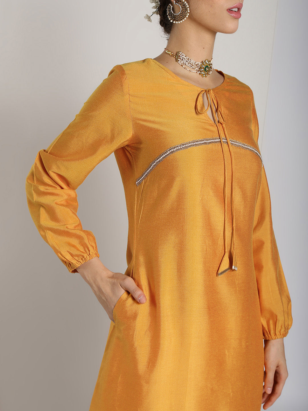 Abhishti Cotton Silk A-line Kurta with Bishop Sleeves