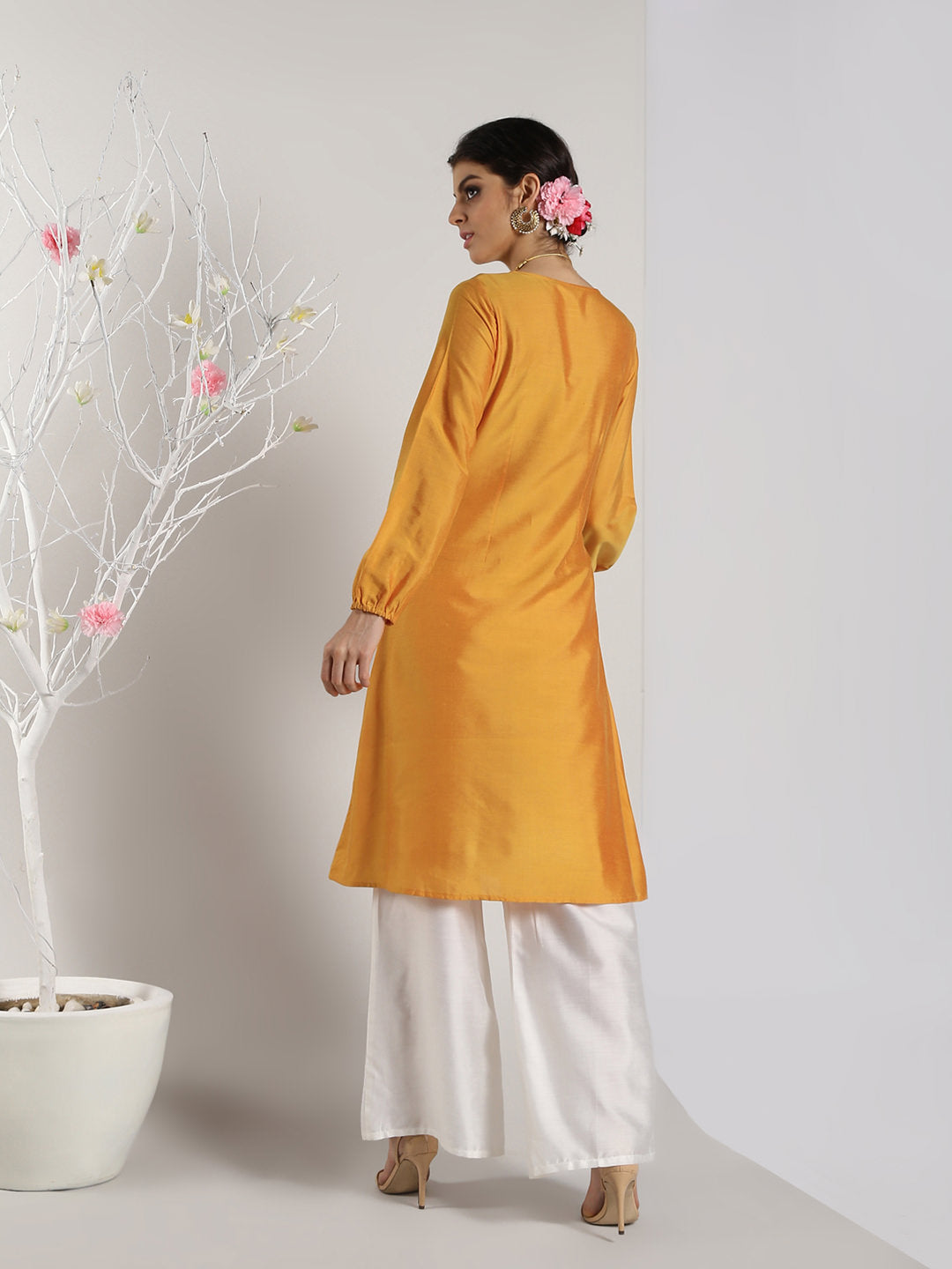 Abhishti Cotton Silk A-line Kurta with Bishop Sleeves