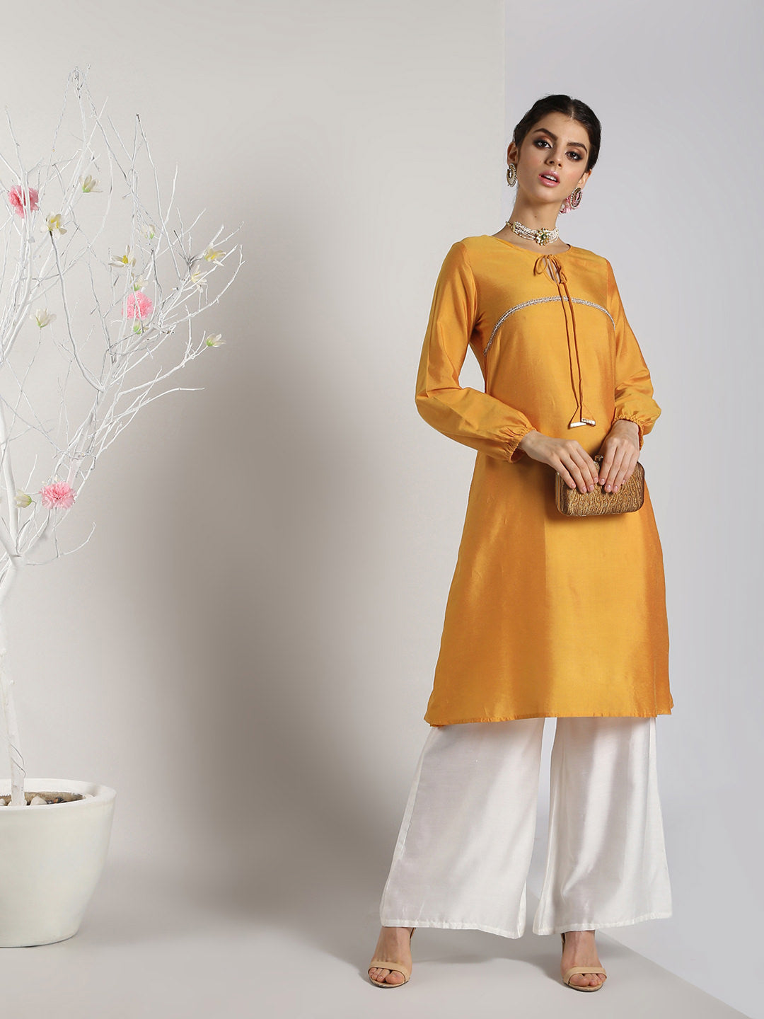 Abhishti Cotton Silk A-line Kurta with Bishop Sleeves