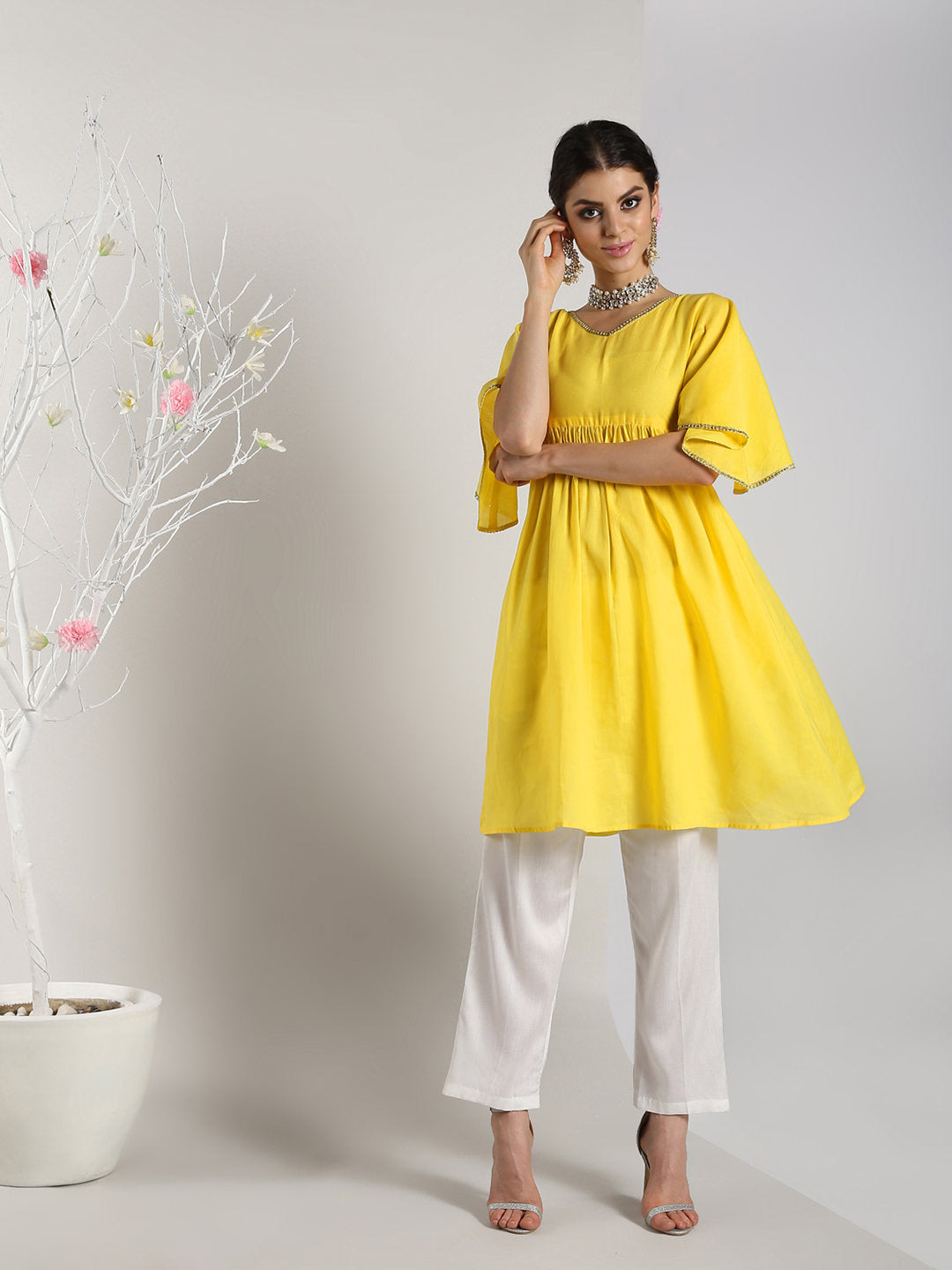 Yellow Cotton Kimono Sleeves Tunic