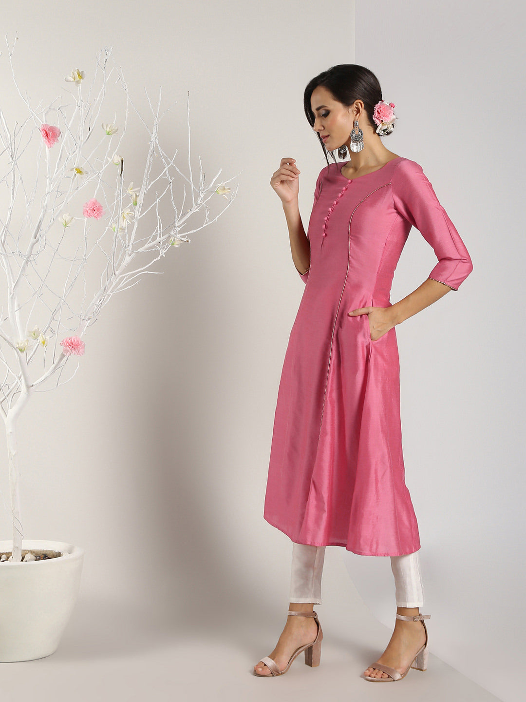 Pink Banarasi kalidar Kurta