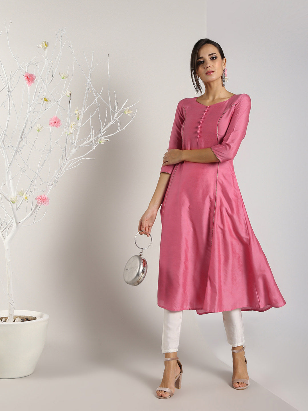 Pink Banarasi kalidar Kurta