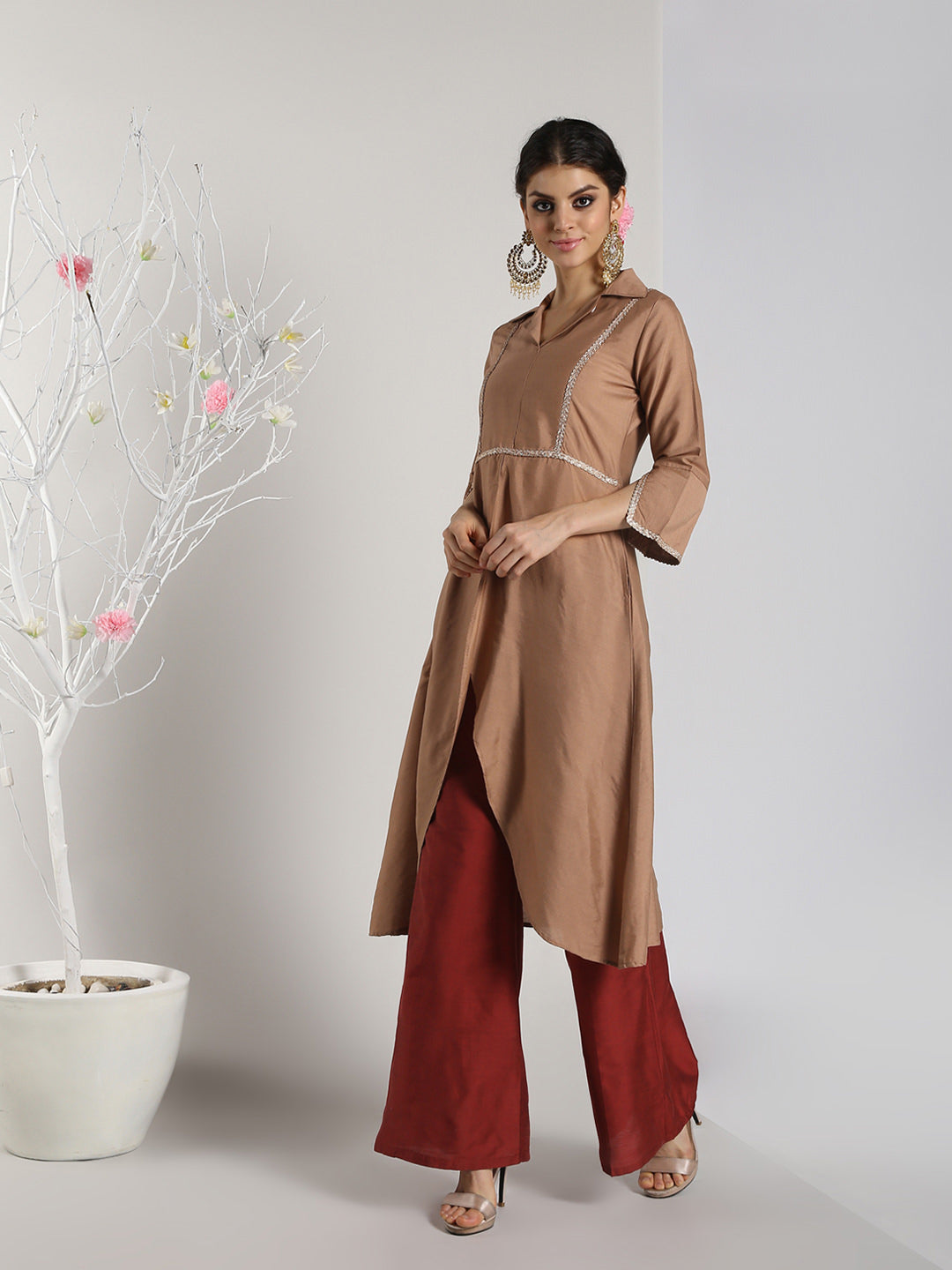 Abhishti Cotton Silk Lapel Collar kurta with Front High Slit