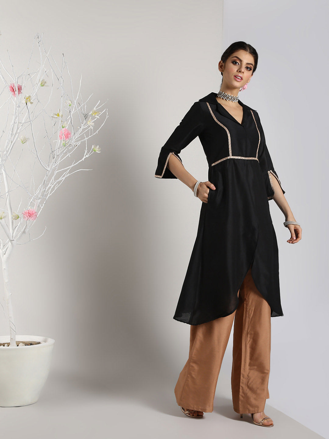 Abhishti Cotton Silk Lapel Collar kurta with Front High Slit