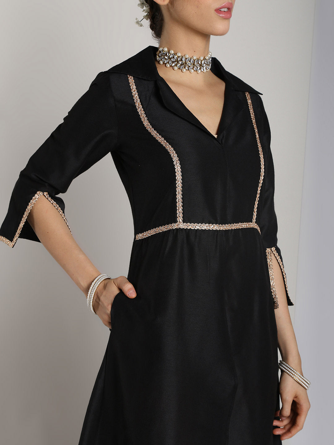 Abhishti Cotton Silk Lapel Collar kurta with Front High Slit
