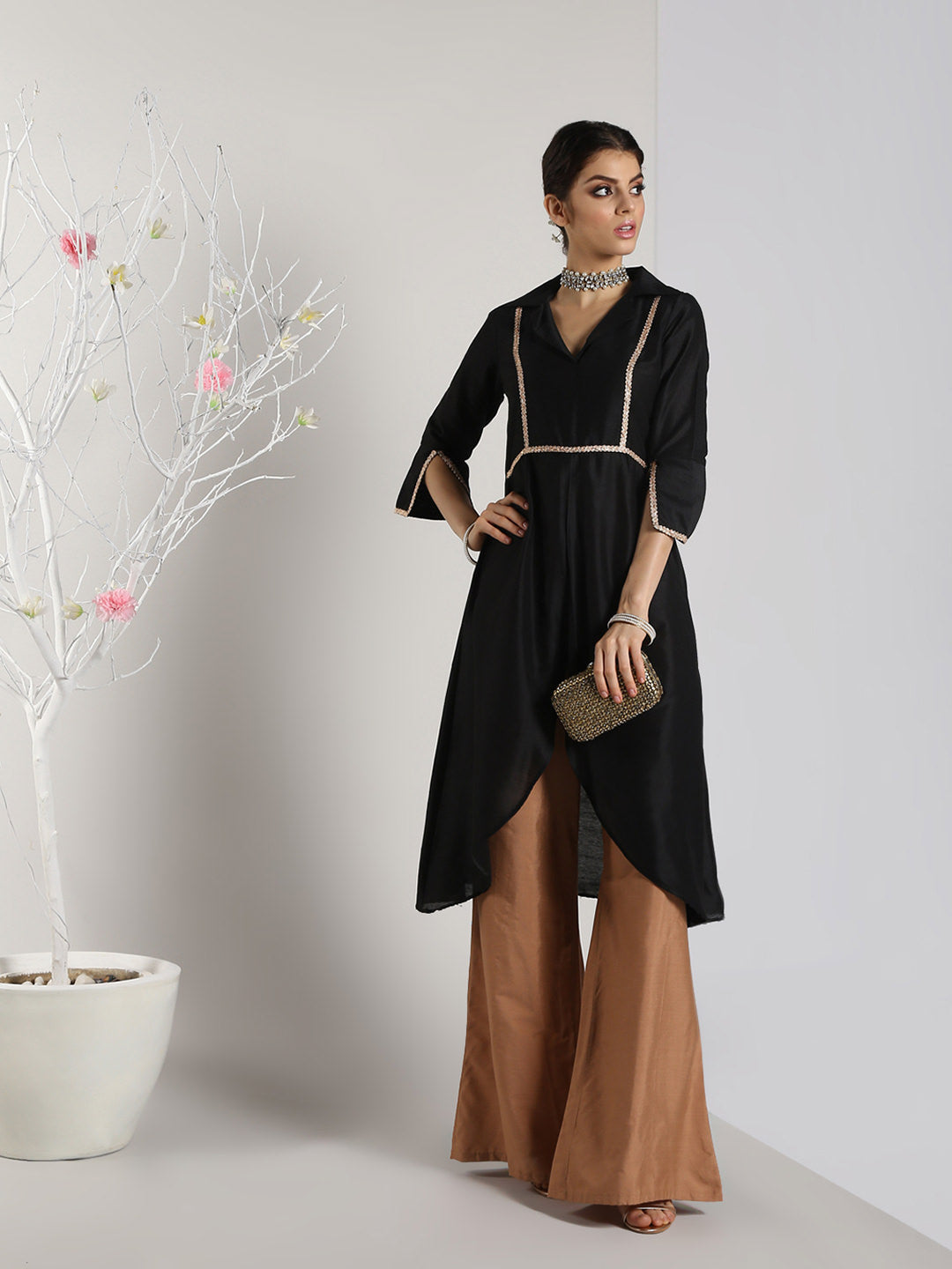 Abhishti Cotton Silk Lapel Collar kurta with Front High Slit