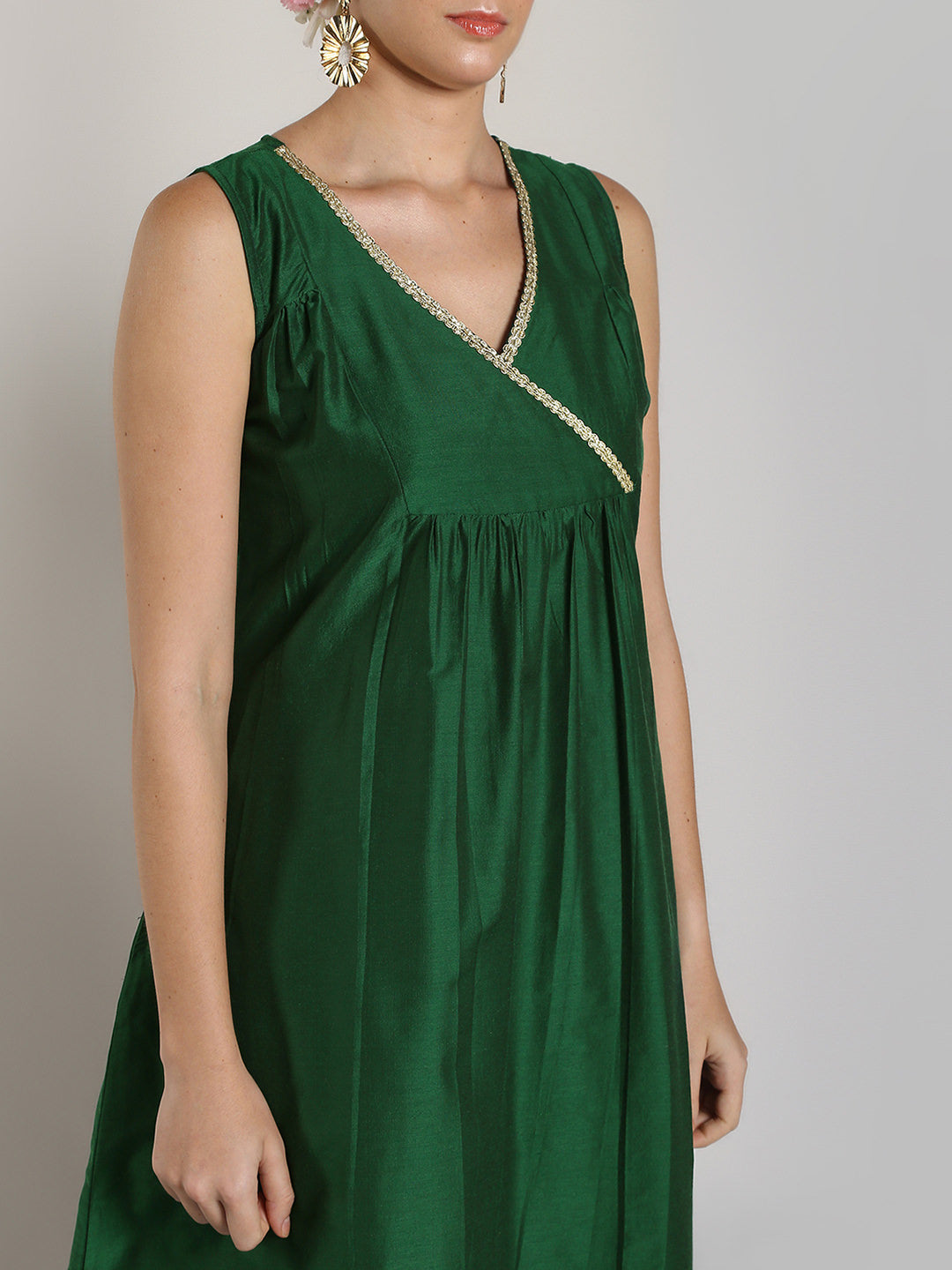 Green Banarasi Sleeveless Flared Kurta