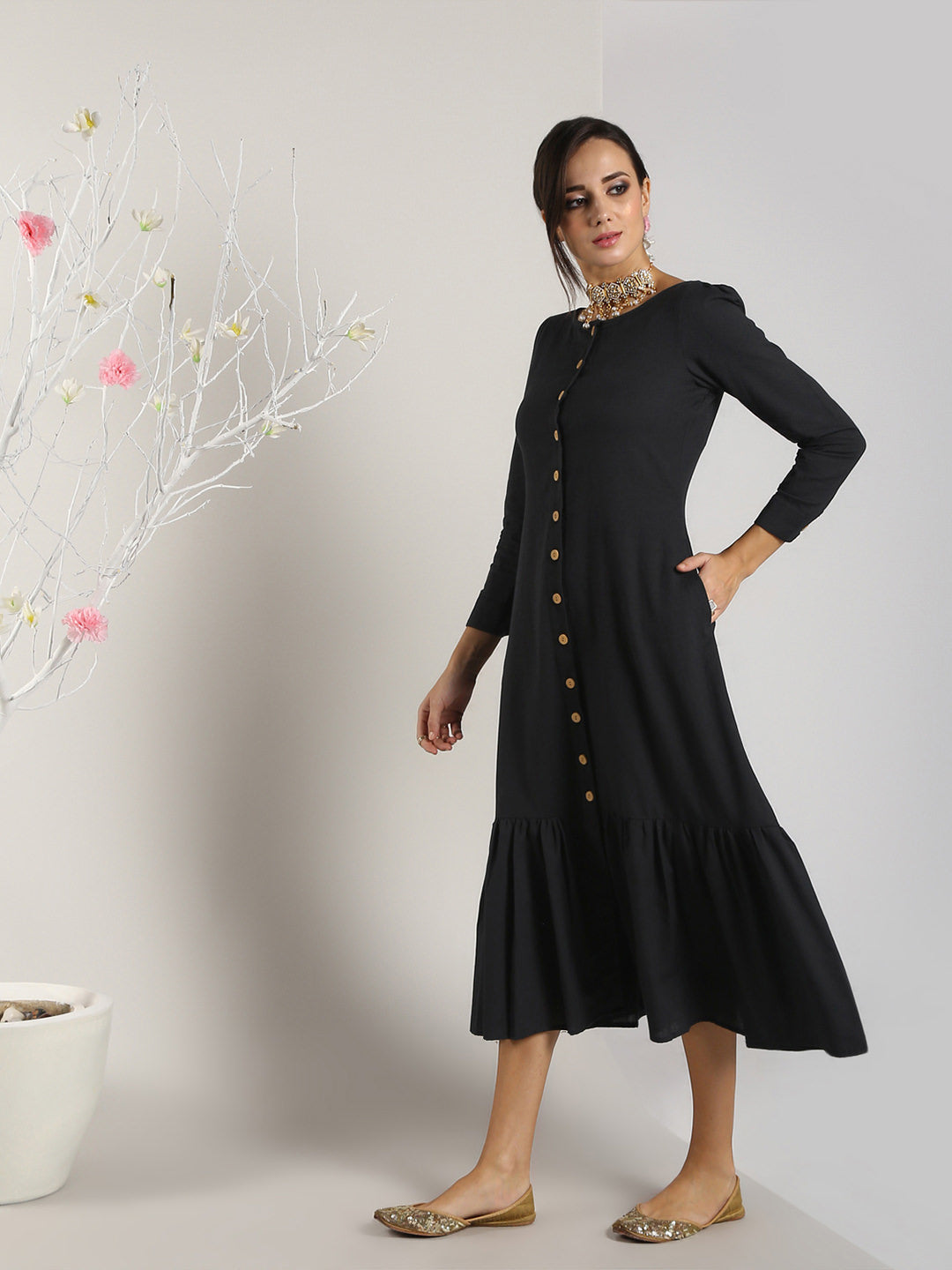 Abhishti Cotton Linen Front Open Pleated Hem Dress / Shrug