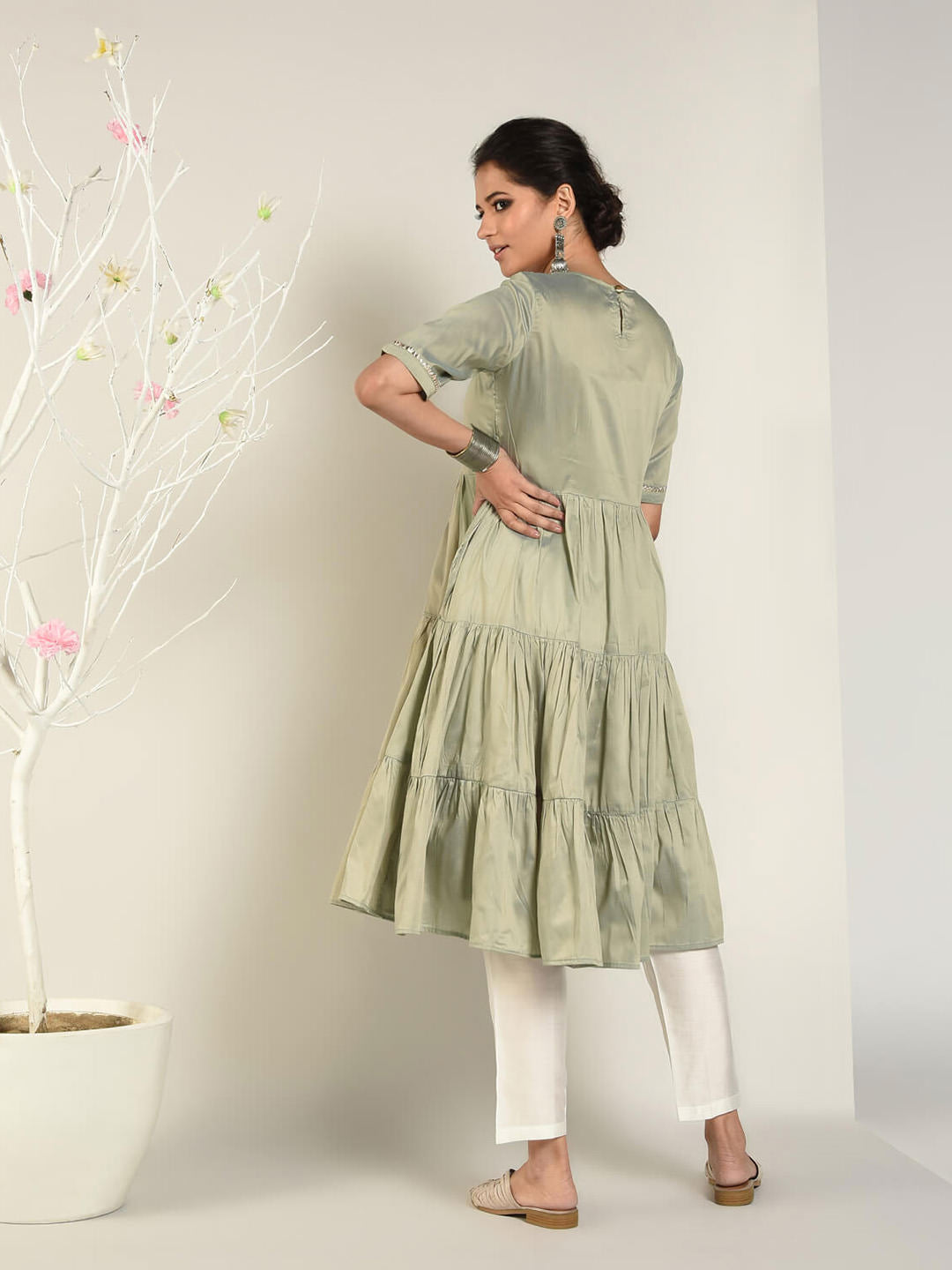 Abhishti Cotton Silk Tiered Flared Kurta with Lace Yoke detail