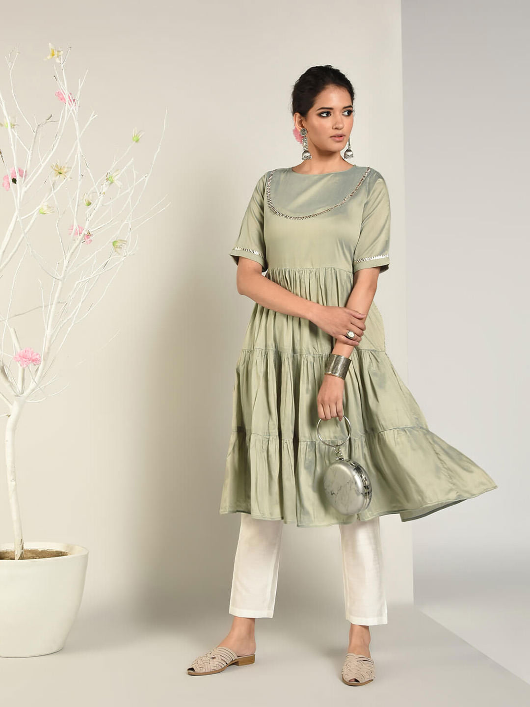 Abhishti Cotton Silk Tiered Flared Kurta with Lace Yoke detail