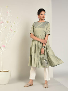 Abhishti Cotton Silk Tiered Flared Kurta with Lace Yoke detail