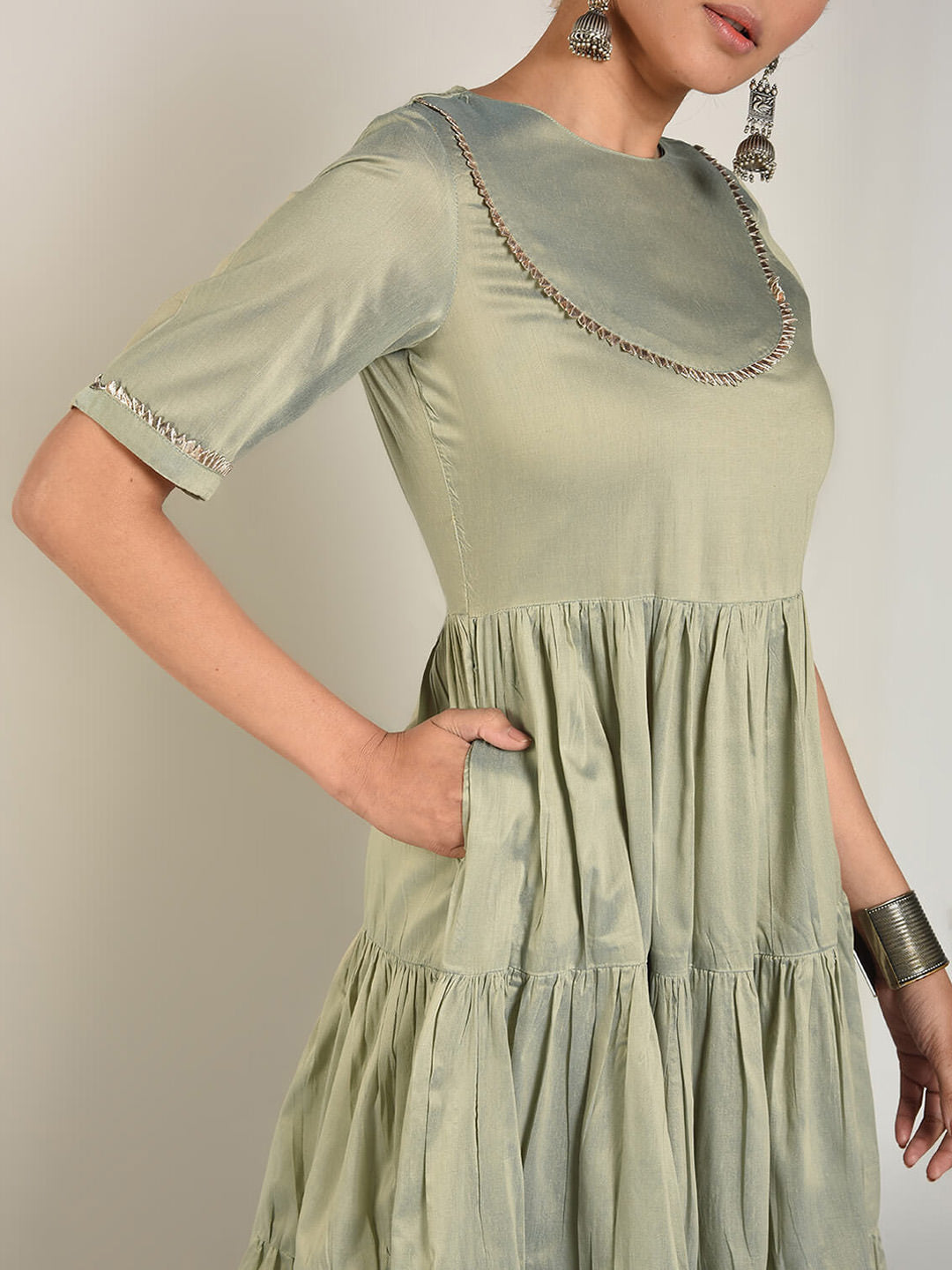 Abhishti Cotton Silk Tiered Flared Kurta with Lace Yoke detail