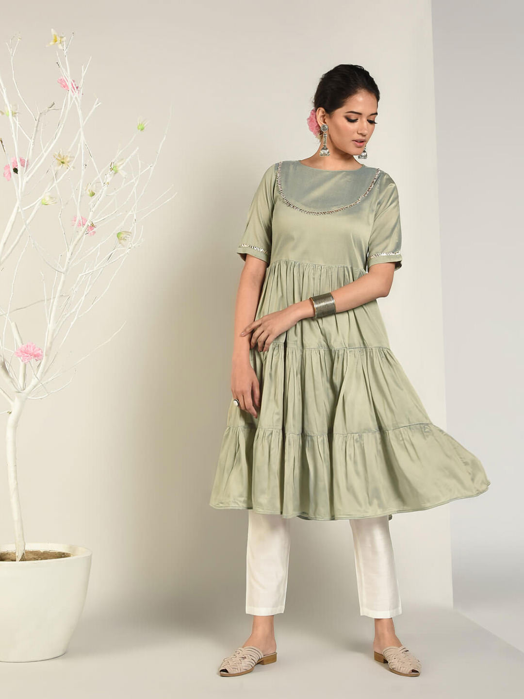 Abhishti Cotton Silk Tiered Flared Kurta with Lace Yoke detail