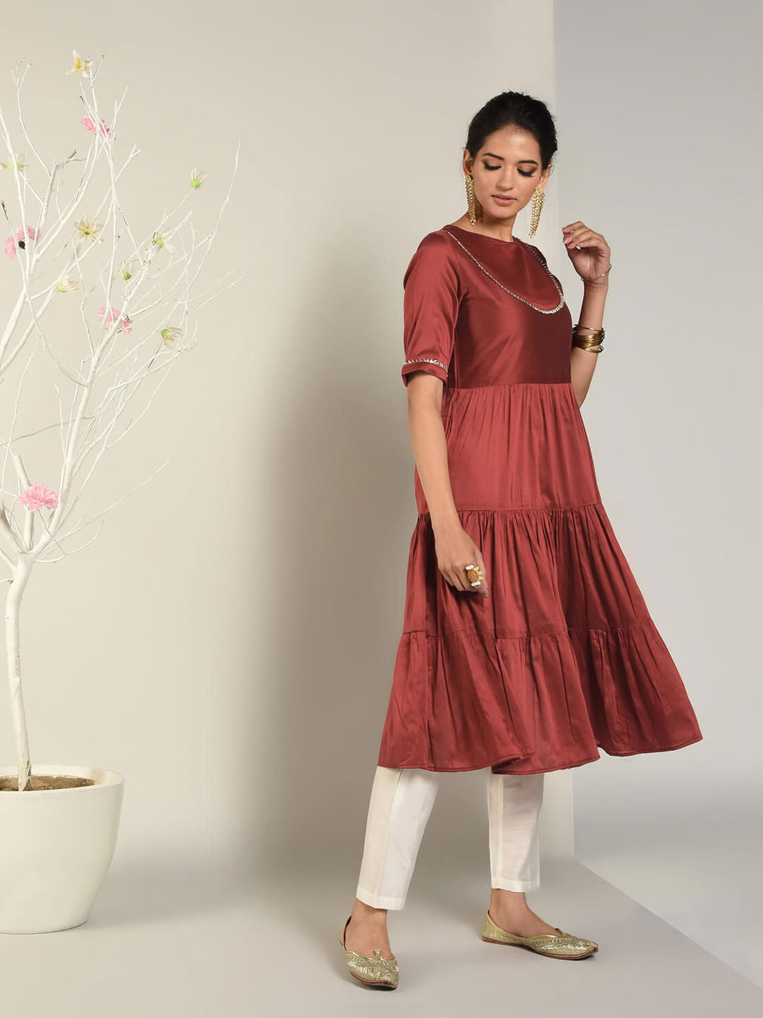 Abhishti Cotton Silk Tiered Flared Kurta with Lace Yoke detail