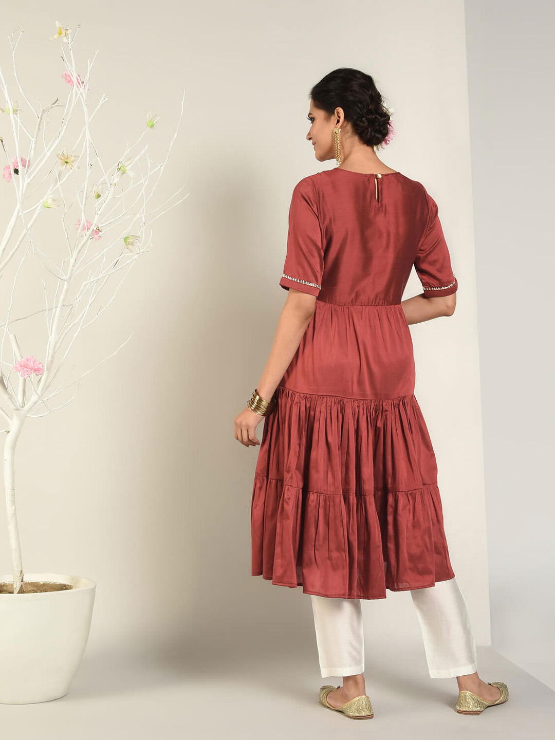 Abhishti Cotton Silk Tiered Flared Kurta with Lace Yoke detail