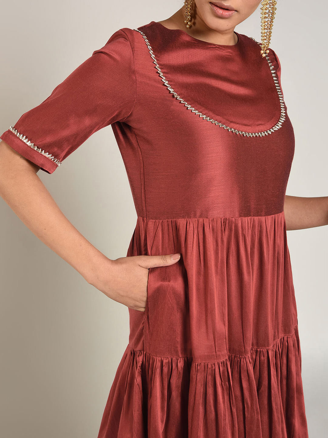 Abhishti Cotton Silk Tiered Flared Kurta with Lace Yoke detail