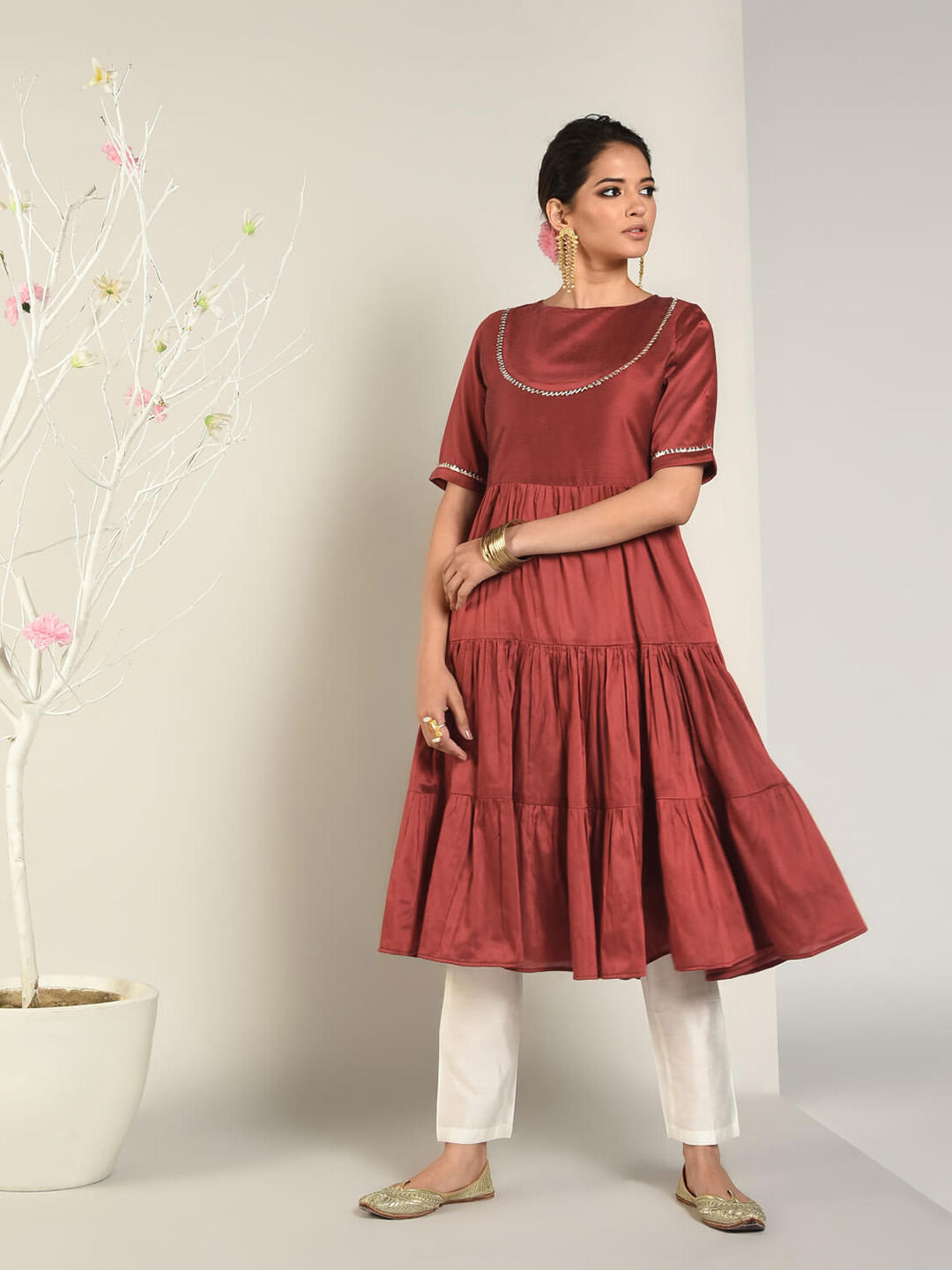 Abhishti Cotton Silk Tiered Flared Kurta with Lace Yoke detail