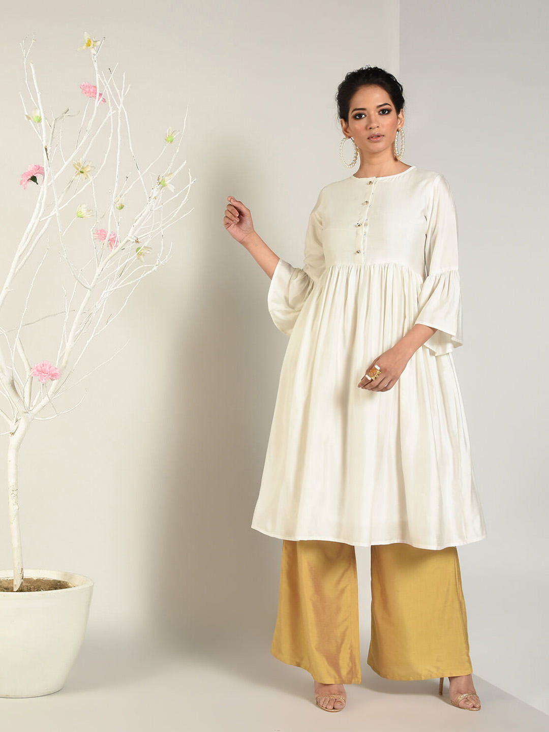 Abhishti Cotton Silk Kurta with Gathered Bell Sleeve