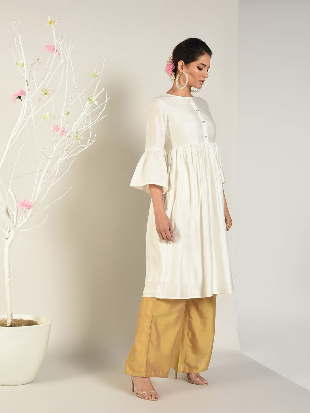 Abhishti Cotton Silk Kurta with Gathered Bell Sleeve