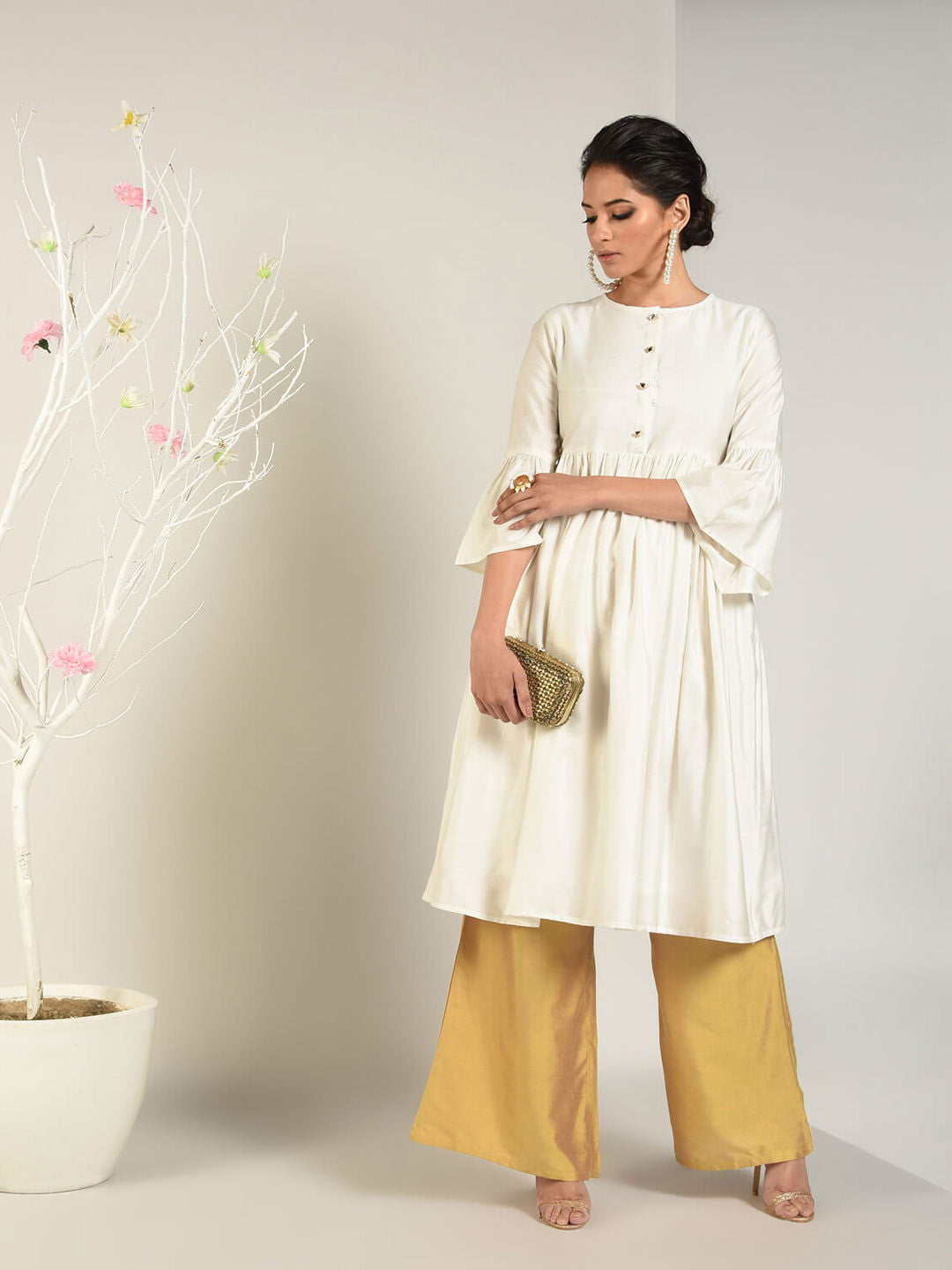 Abhishti Cotton Silk Kurta with Gathered Bell Sleeve