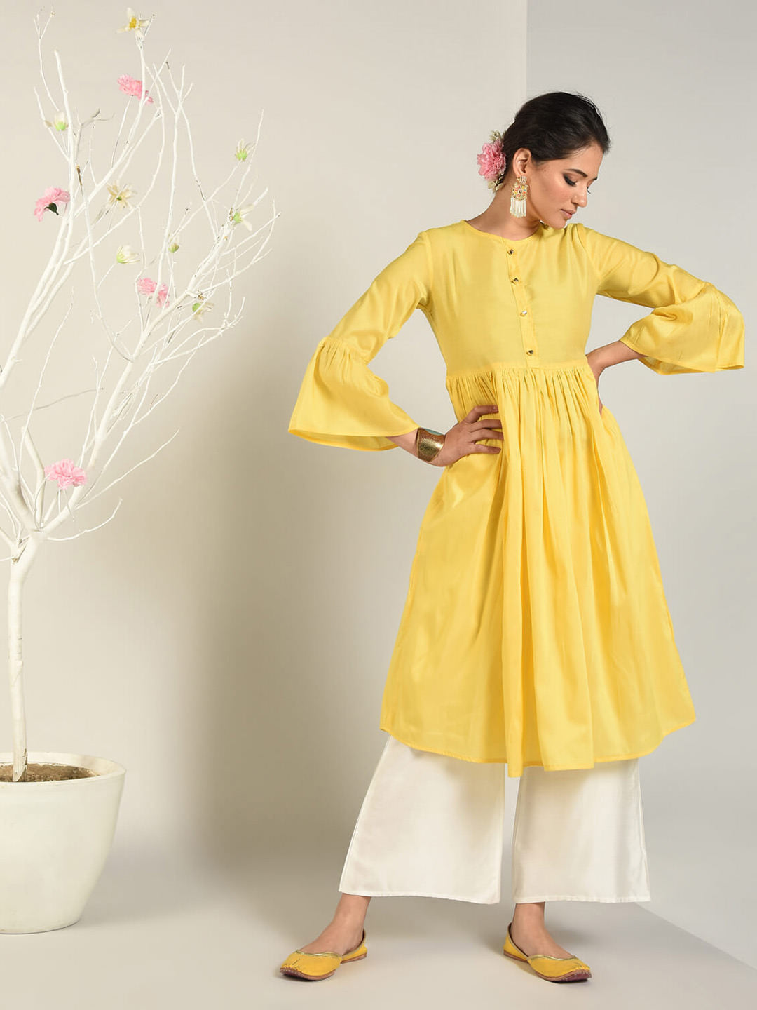 Abhishti Cotton Silk Kurta with Gathered Bell Sleeve