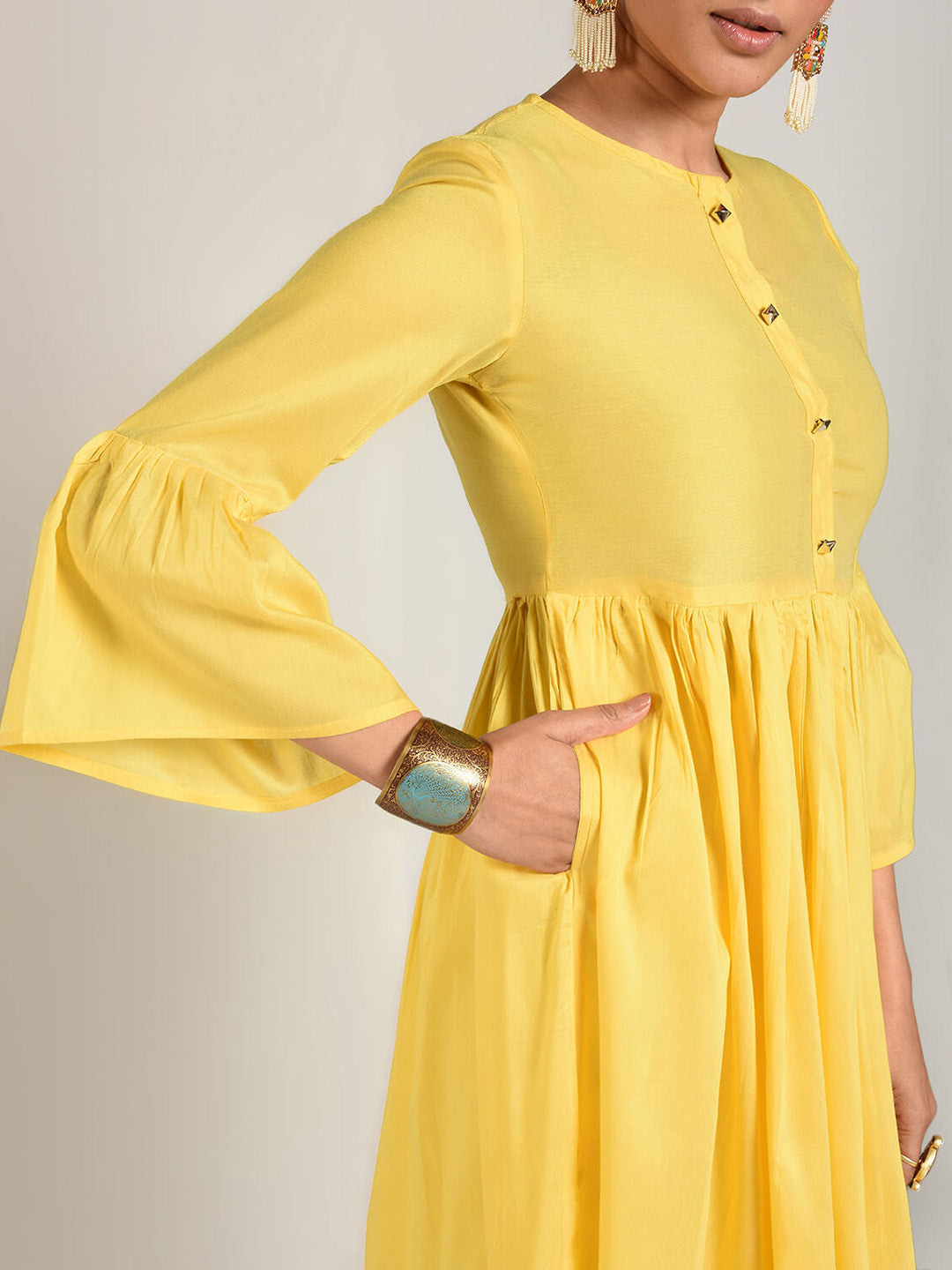 Abhishti Cotton Silk Kurta with Gathered Bell Sleeve
