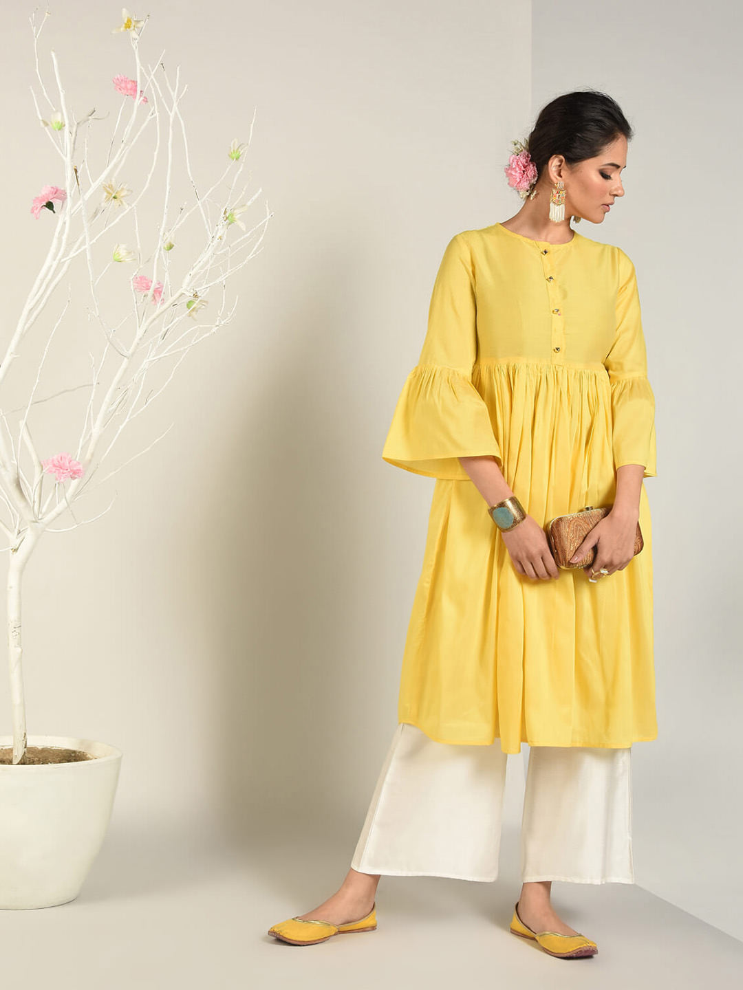 Abhishti Cotton Silk Kurta with Gathered Bell Sleeve