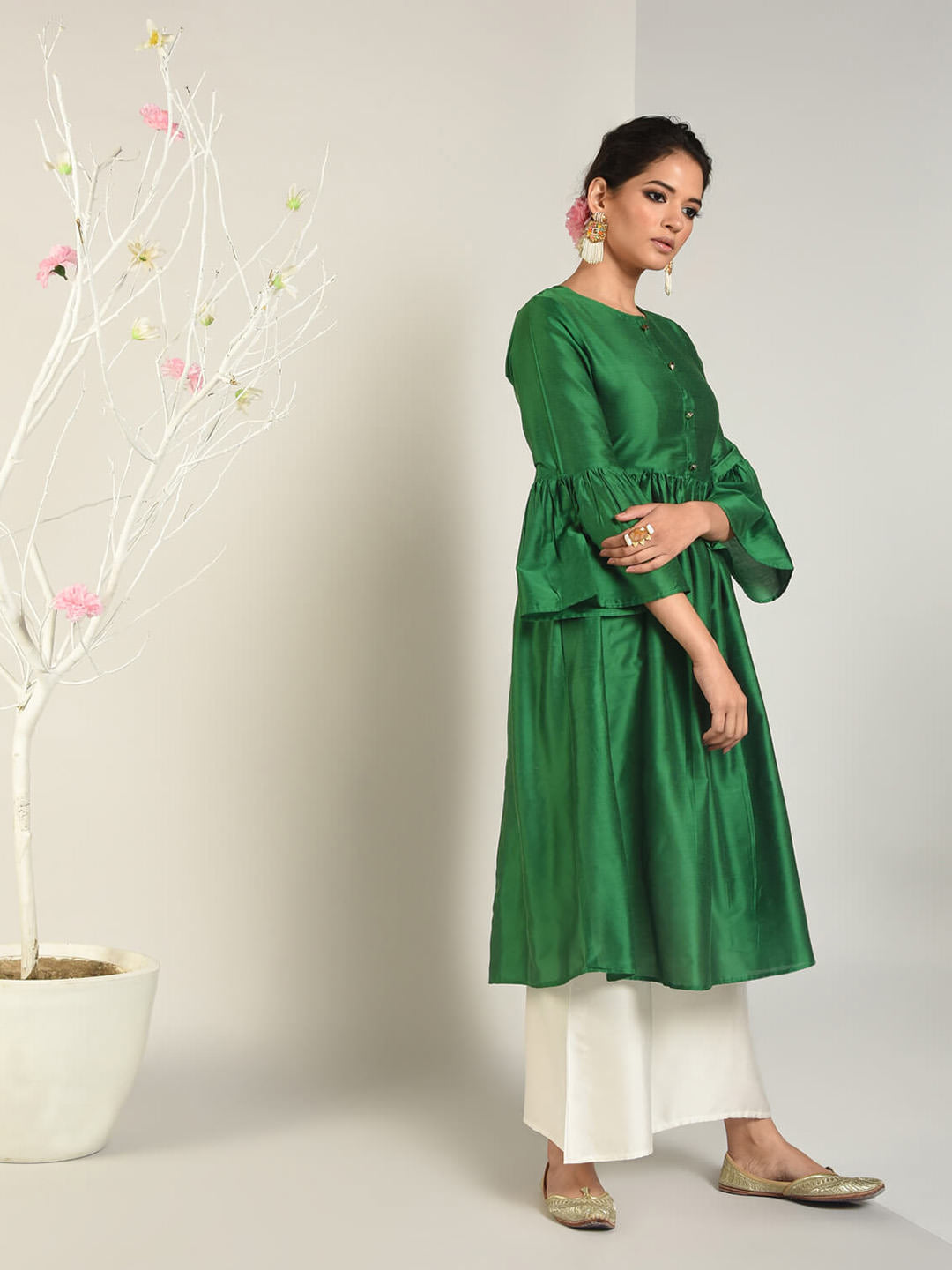 Abhishti Cotton Silk Kurta with Gathered Bell Sleeve