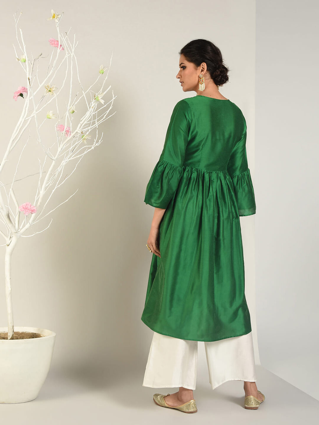 Abhishti Cotton Silk Kurta with Gathered Bell Sleeve