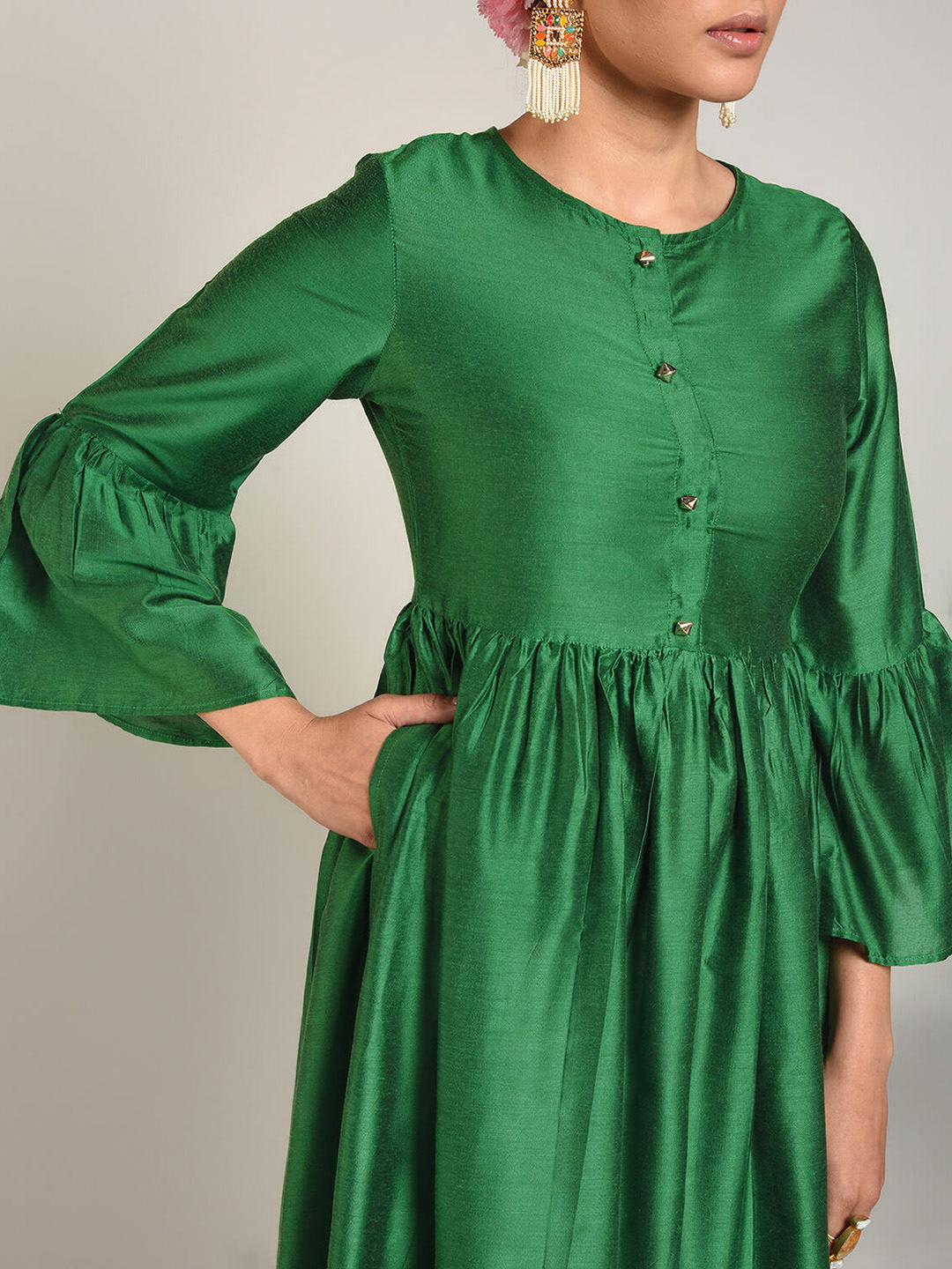 Abhishti Cotton Silk Kurta with Gathered Bell Sleeve