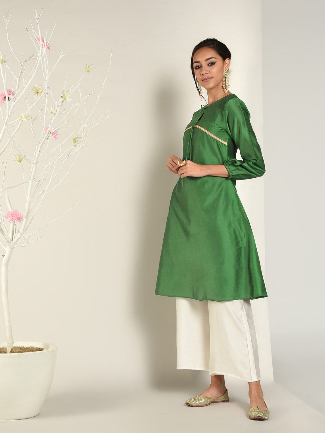 Abhishti Cotton Silk A-line Kurta with Bishop Sleeves