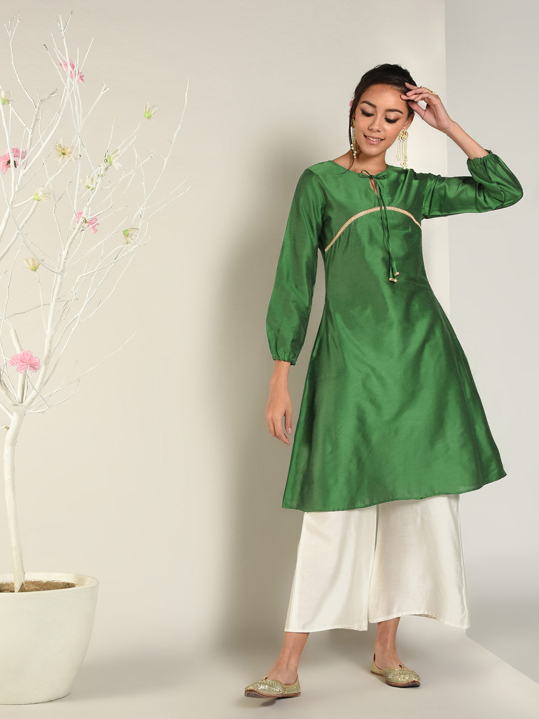 Abhishti Cotton Silk A-line Kurta with Bishop Sleeves