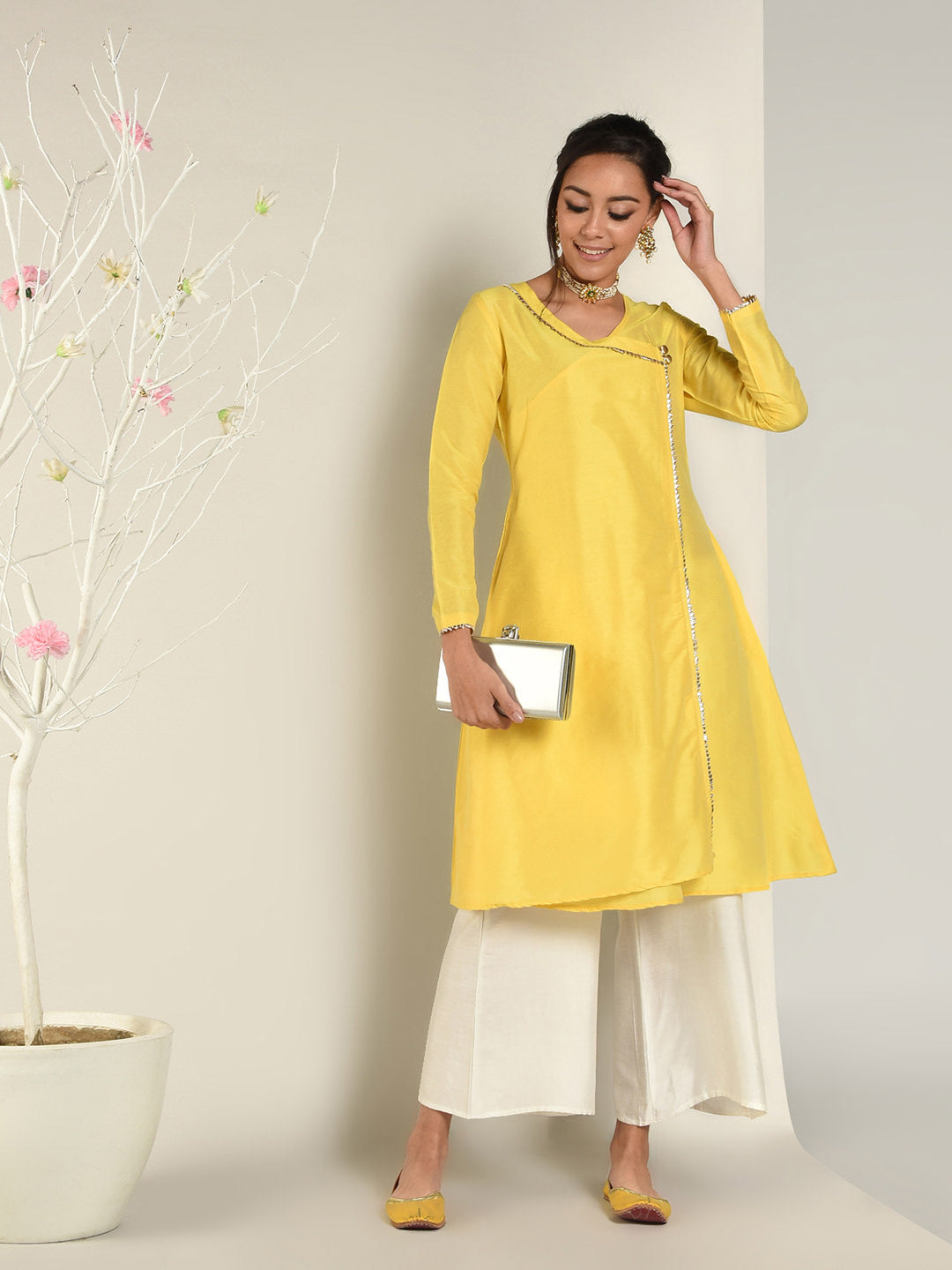 Abhishti Cotton Silk Lace Lined Angrakha Layered Kurta