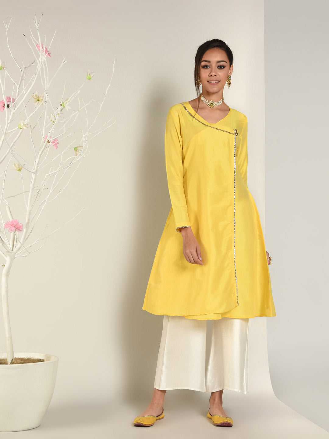 Abhishti Cotton Silk Lace Lined Angrakha Layered Kurta