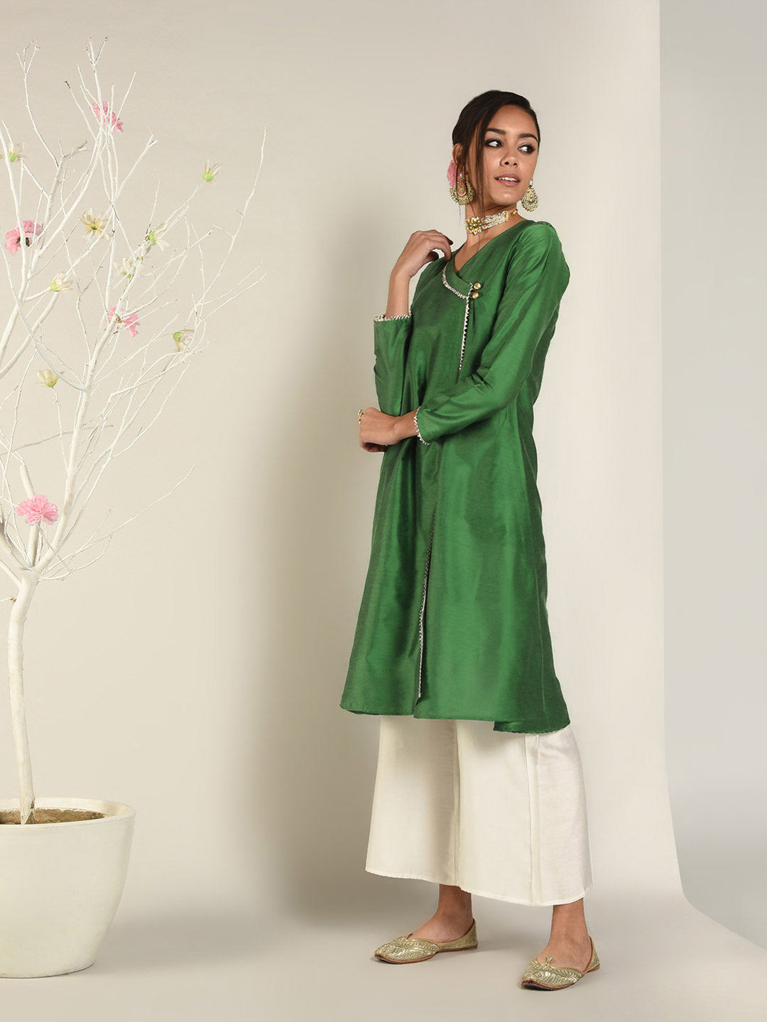 Abhishti Cotton Silk Lace Lined Angrakha Layered Kurta