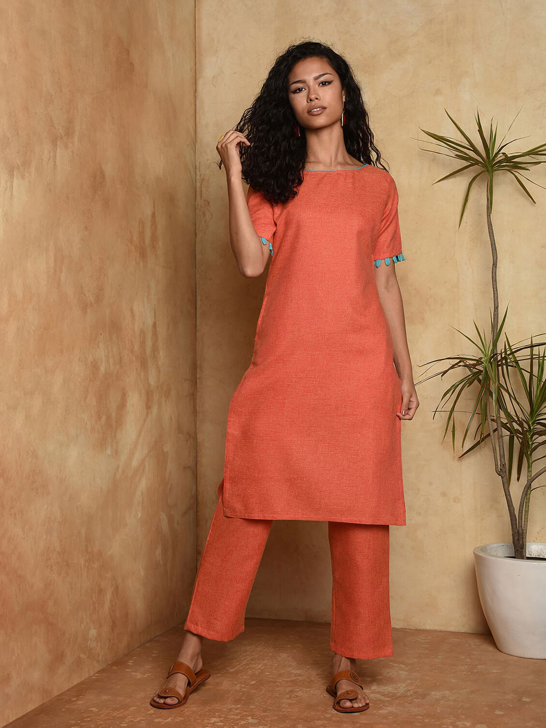 Two tone Cotton Straight Kurta with loop detail