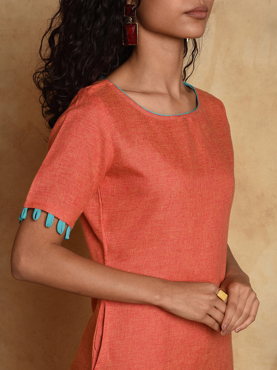 Two tone Cotton Straight Kurta with loop detail