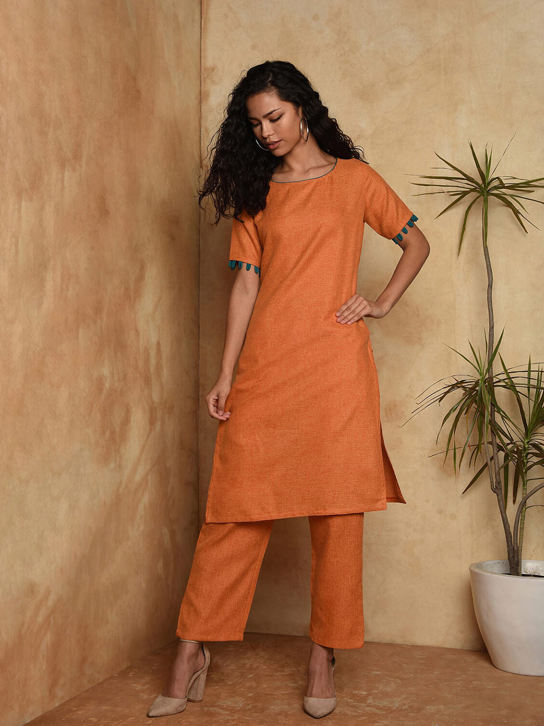 Two tone Cotton Straight Kurta with loop detail