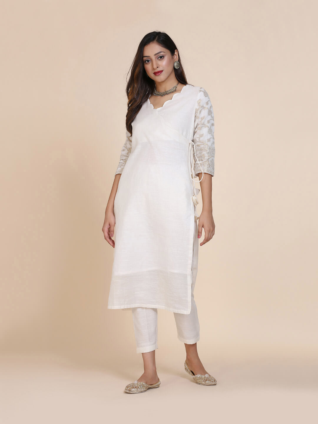 Abhishti cotton baswada kurta with overlapped scalloped neck & zariwork sleeves