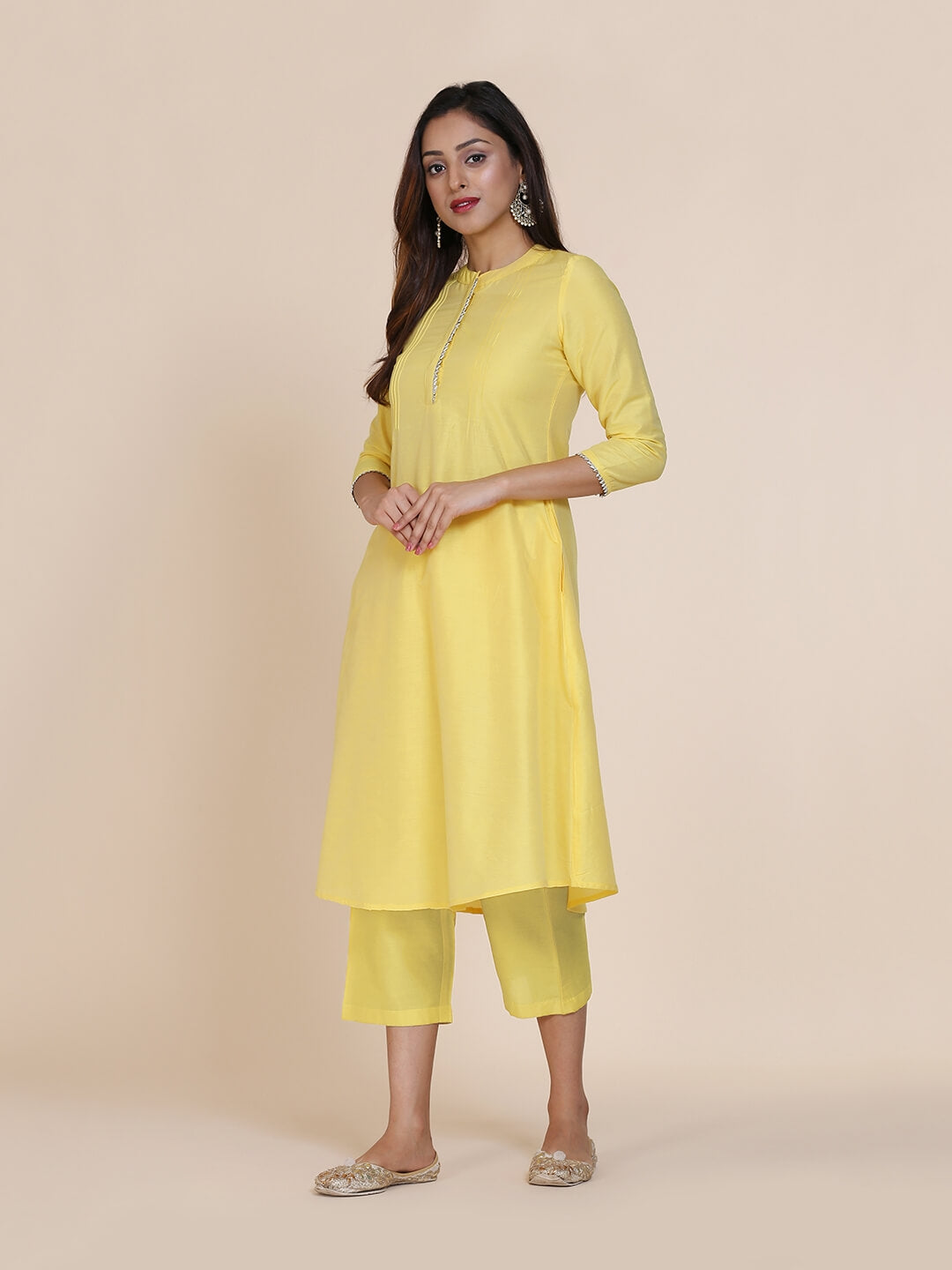 Abhishti cotton silk A-line kurta with hidden placket & pintucks