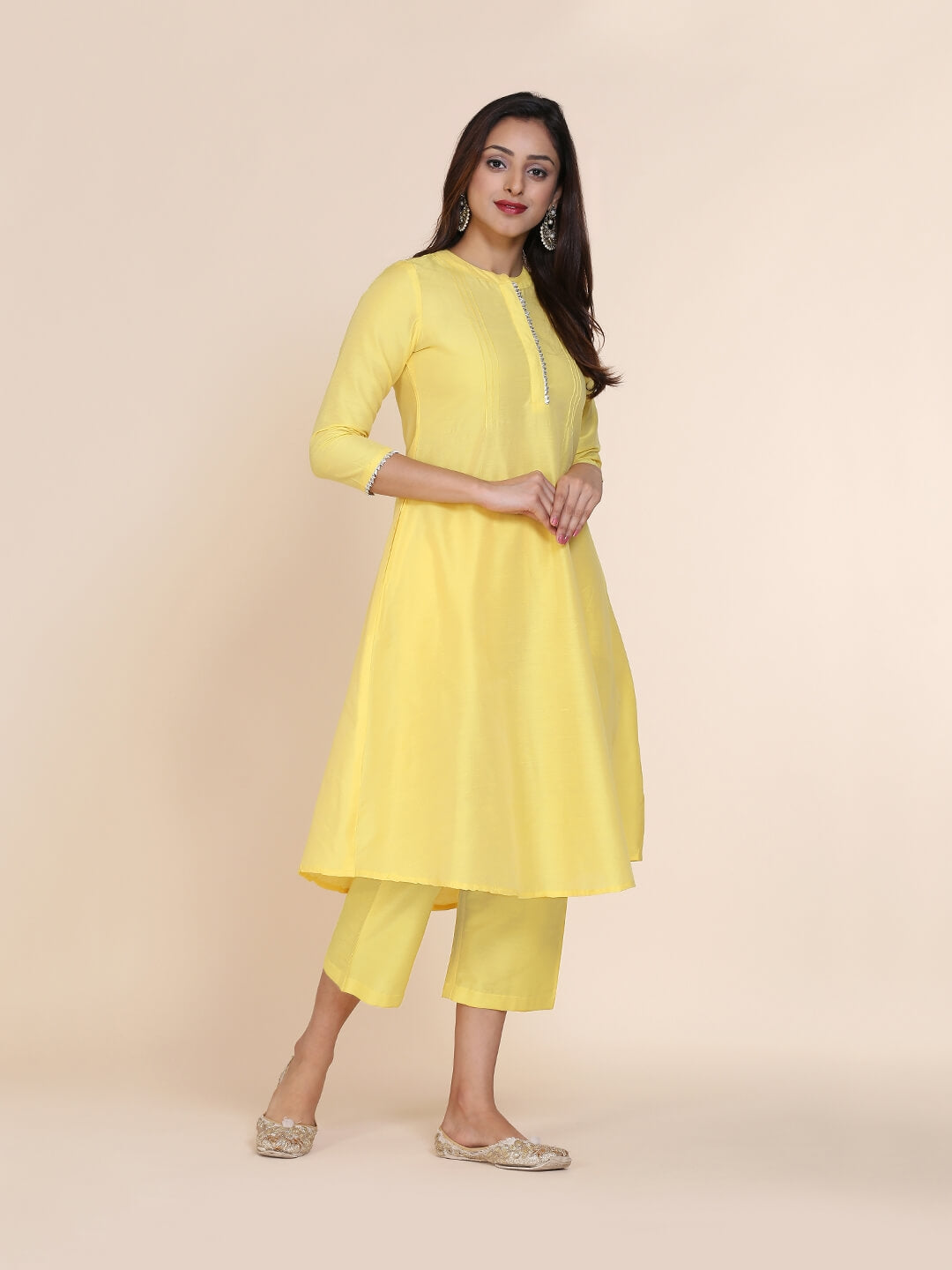 Abhishti cotton silk A-line kurta with hidden placket & pintucks