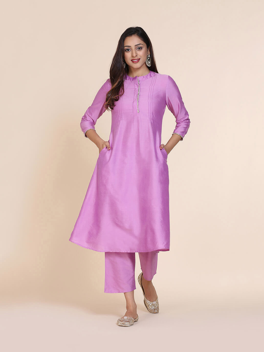 Abhishti cotton silk A-line kurta with hidden placket & pintucks