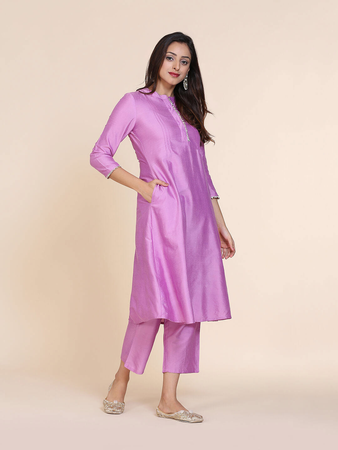 Abhishti cotton silk A-line kurta with hidden placket & pintucks