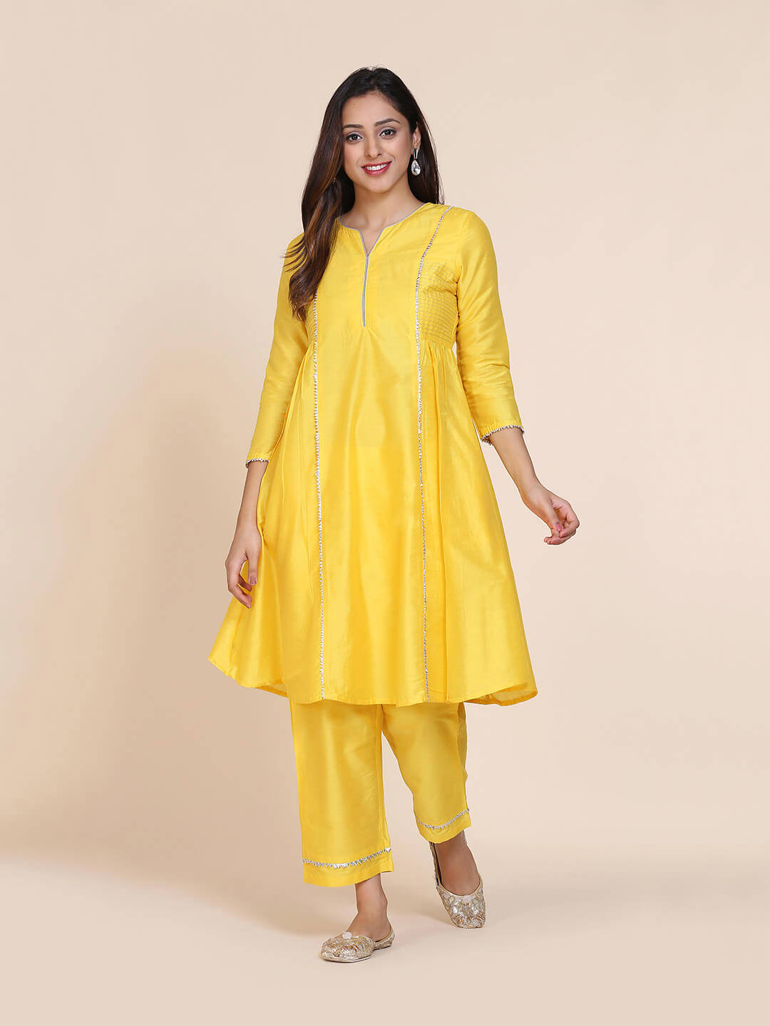 Abhsihti cotton silk kurta with side gathers & contrast details