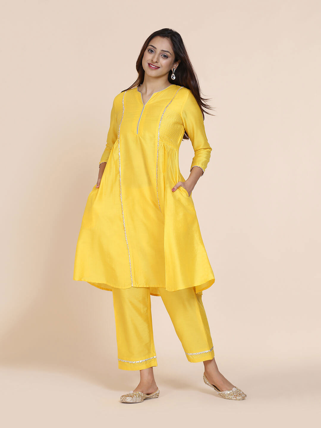 Abhsihti cotton silk kurta with side gathers & contrast details