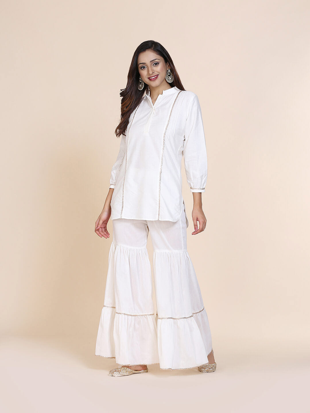 Abhishti cotton silk short kurti with hidden placket, side lace panels & pintucks