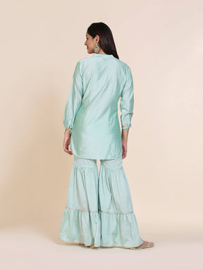 Abhishti cotton silk short kurti with hidden placket, side lace panels & pintucks